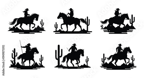 Silhouettes of cowboys on horseback amidst desert landscapes and cacti