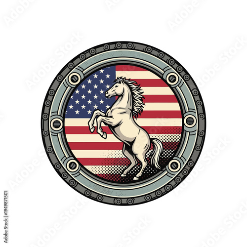 Emblematic design featuring a rearing horse between american and spanish flags