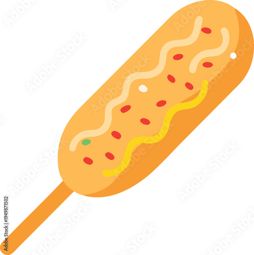Cartoon corn dog on a stick with toppings Keywords: corn dog, hot dog, sausage, batter, fried