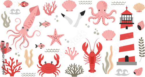 Marine ocean life vector collection. Cute squid, octopus, crab, lobster, coral, fish and lighthouse elements. Sea animals and underwater nature icons for nautical design.
