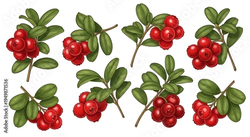 Red fruit clusters with green foliage, suitable for seasonal themes or botanical use