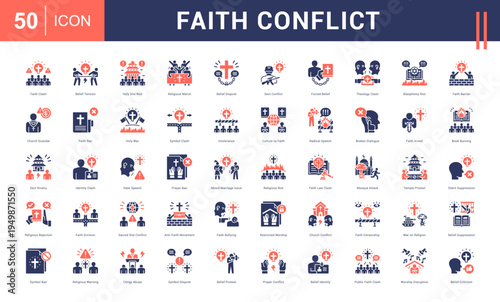 Faith Conflict Icon Set. faith clash, belief tension, holy site riot, religious march, belief dispute and more. Glyph Dual Tone vector icons collection.