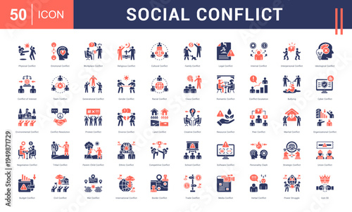 Social Conflict Icon Set. physical, emotional, workplace, religious, cultural and more. Glyph Dual Tone vector icons collection.