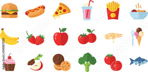 Fast Food and Fresh Fruit Collection with Burger Pizza Hotdog Fries Apple Banana Fish and Snacks Vector Illustration Set