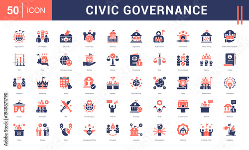 Civic Governance Icon Set. organization, civil rights, electoral, aristocracy, political and more. Glyph Dual Tone vector icons collection.