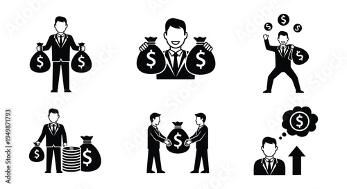 Black and white icons depicting business money and financial transactions