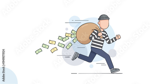 Cartoon Thief Running with a Bag of Money and Cash Falling Out, Representing Crime or Theft Concept
