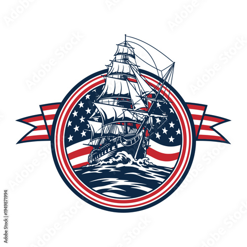 Vintage naval ship emblem with american flag and patriotic decorations