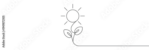 Continuous one line drawing of a growing plant with sun symbol for nature and sustainability. Editable stroke outline. Draw thin linear width. Single contour art. Doodle hand drawn vector illustration