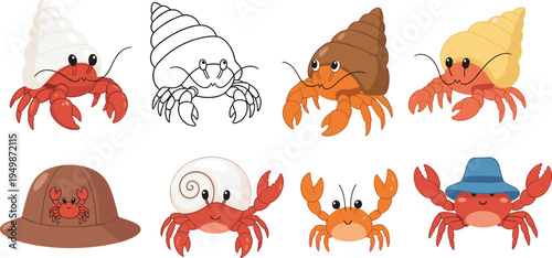 Cute hermit crab cartoon character set. Funny sea crab mascots with shells and accessories. Marine ocean animal illustrations for kids and beach design.