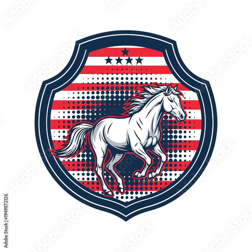 Equestrian emblem with a galloping horse on an american flag background