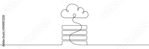 Continuous one line drawing of cloud computing technology with server racks and data storage network connection. Editable stroke outline. Single contour art. Doodle hand drawn vector illustration