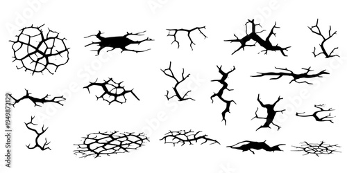Cracked Ground Hole Set. Earthquake Cracks, Dry Soil Fractures, Broken Surface Holes.