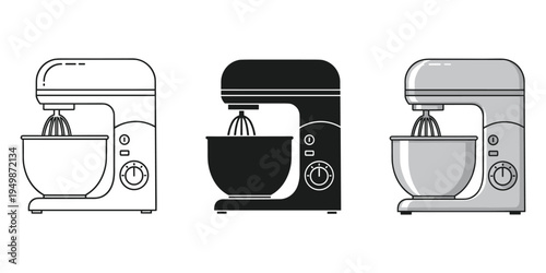 Three mixer illustrations in different styles and colors