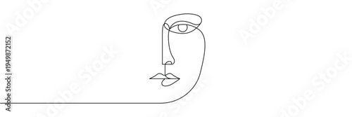 Minimalist continuous one line drawing of a human face with abstract features for modern wall art. Editable stroke outline. Single contour art. Doodle hand drawn vector illustration