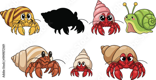 Cute hermit crab cartoon collection. Funny sea crab characters with shells and snail mascot. Marine ocean animal set for kids illustration.