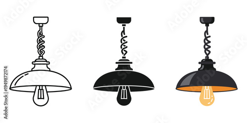 Three different hanging lamps with light bulbs