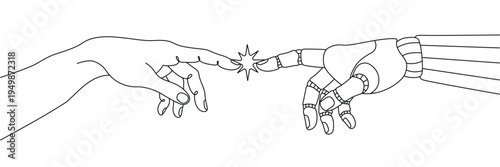 Continuous one line drawing of human hand and robotic hand touching fingertips with a spark. Editable stroke outline. Draw thin linear width. Single contour art. Doodle hand drawn vector illustration
