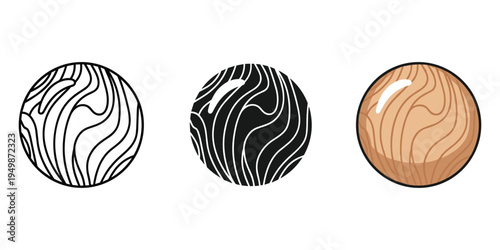 Three wood grain spheres in different styles and colors