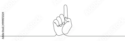 Continuous one line drawing of human hand with index finger pointing up for direction idea. Editable stroke outline. Draw thin linear width. Single contour art. Doodle hand drawn vector illustration