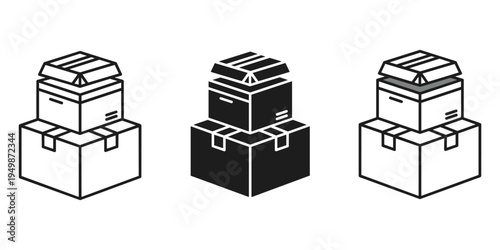 A set of three different colored line icons of stacked boxes