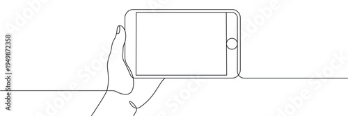 Hand holding smartphone in continuous line drawing style for mobile technology and communication concept. Editable stroke outline. Single contour art. Doodle hand drawn vector illustration
