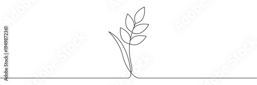 Continuous one line drawing of wheat stalk grain ear for organic bakery logo and nature. Editable stroke outline. Draw thin linear width. Single contour art. Doodle hand drawn vector illustration