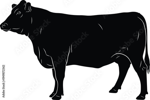 Black silhouette of beef cattle standing in profile isolated on white background for livestock farming butcher shop and agricultural design