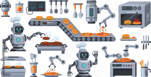 Futuristic Robot Kitchen Automation Collection with AI Robots Cooking Pizza Burgers Conveyor Belt Smart Oven and Food Factory Vector Illustration Set