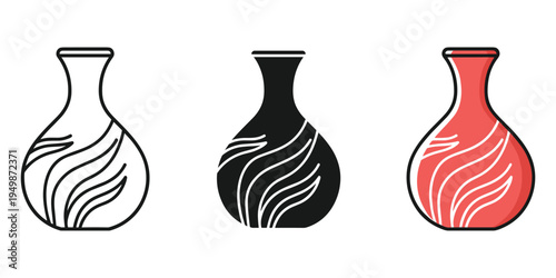 Three different colored vase icons with flame designs