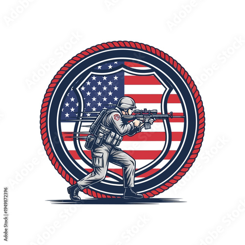 Sniper in combat pose with american flag background in circular emblem design