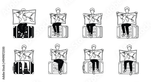 People sitting on suitcases holding world maps in a repeating pattern