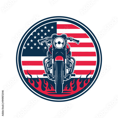 Patriotic motorcycle emblem featuring an american flag and a cruiser bike