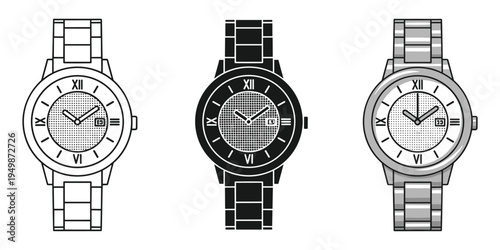 Three different styles of watches with roman numerals