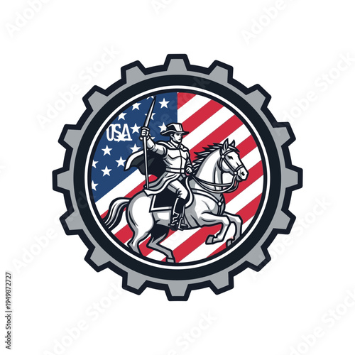 Historical cavalry figure on gear background with us flag theme