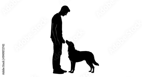 Man and dog standing together outside.