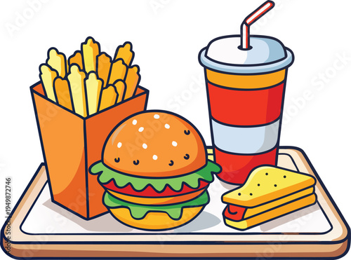 Cartoon Fast Food Meal With Burger Fries and Drink