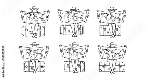 People sitting on suitcases holding world maps in a repeating pattern