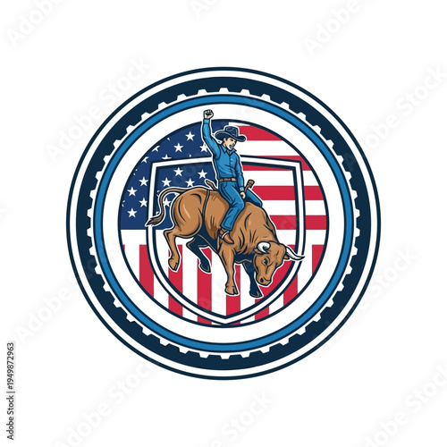 Cowboy roping a bull under an american flag with patriotic design elements