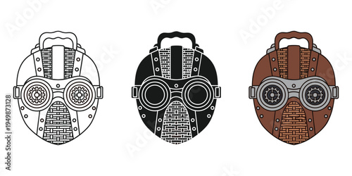 Steampunk gas mask designs in three color variations