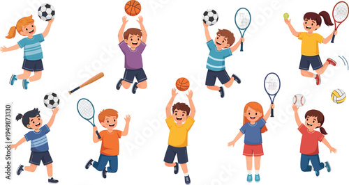 Happy kids playing sports with soccer basketball tennis baseball volleyball active children cartoon vector illustration set