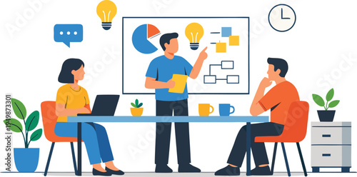 A successful business concept vector illustration featuring a cartoon woman worker at a computer designing a professional restaurant menu icon for a meeting