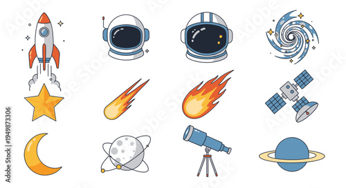 Space icons and astronomy symbols.