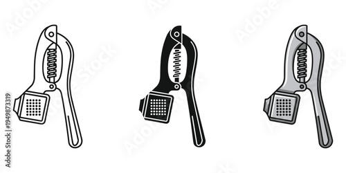 Three variations of a garlic press on a white background