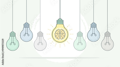 Creative light bulbs with brain-shaped filament illustrating innovative thinking and bright ideas for business and innovation concepts