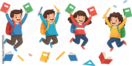 Happy school kids jumping with books pencils rulers and backpacks education learning children cartoon vector illustration set