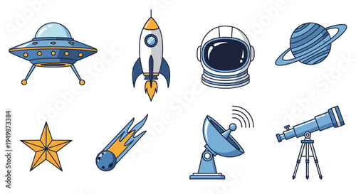 Space objects and astronomy equipment.