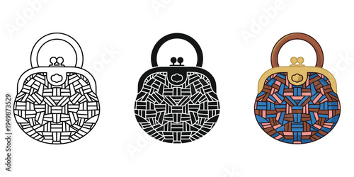 A set of three woven handbags with different color schemes