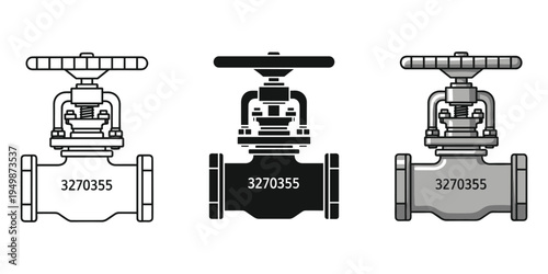 Three different views of a valve with numbers on it