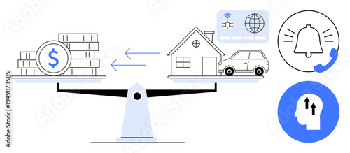 Financial decision-making. Scales balance between money and assets thumbs up home and car. weighing financial priorities and lifestyle choices. For finance, budgeting, investment planning, wealth